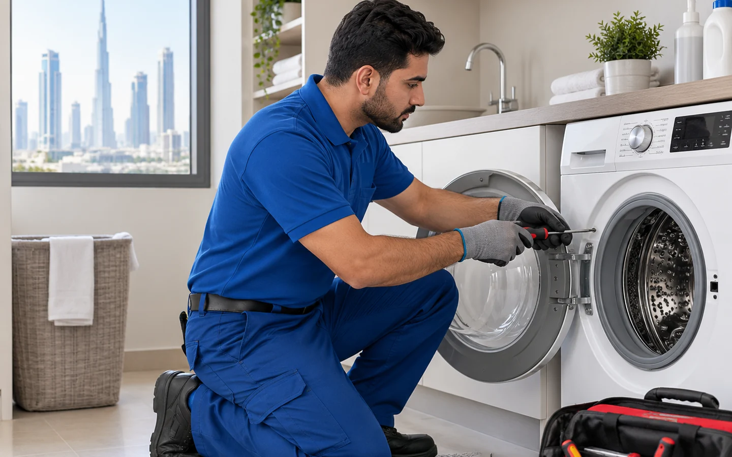 Technician providing washing machine repair & installation service in a Dubai home